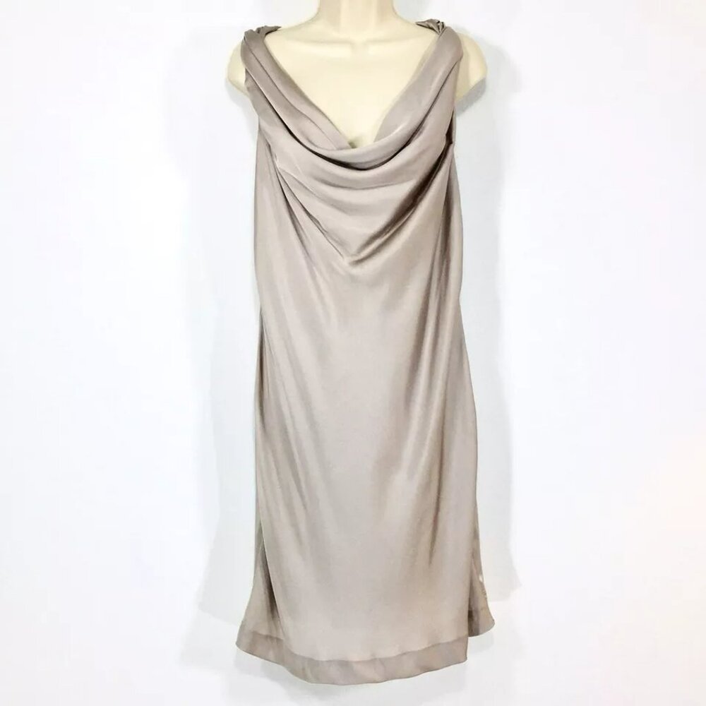 H & M Silky Gray Satin Slip Dress Sz 14 Draped Cowl Neckline